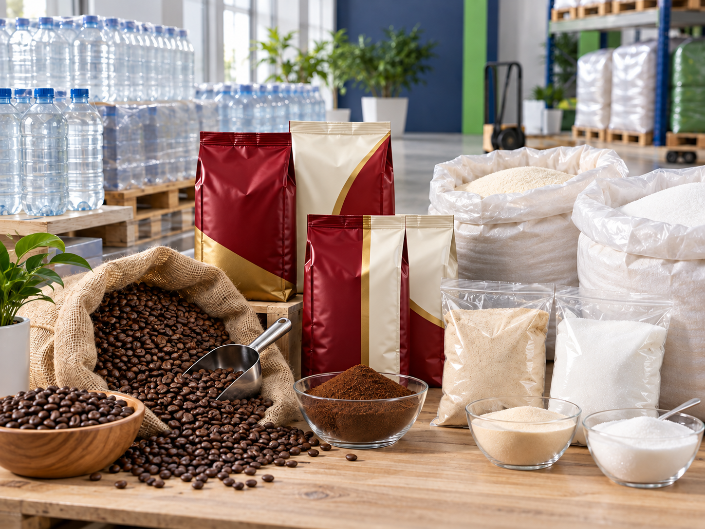 Café en bolsas genéricas rojas, crema y doradas, agua embotellada y azúcar crema y blanca