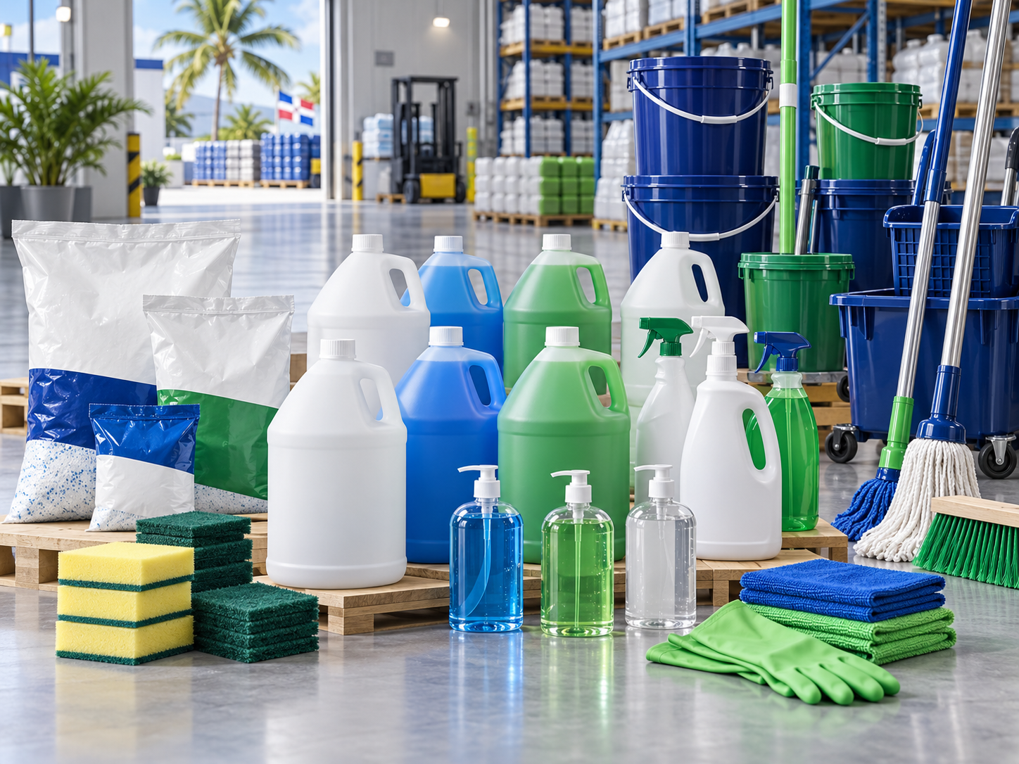 Detergentes y artículos de limpieza en presentaciones comerciales